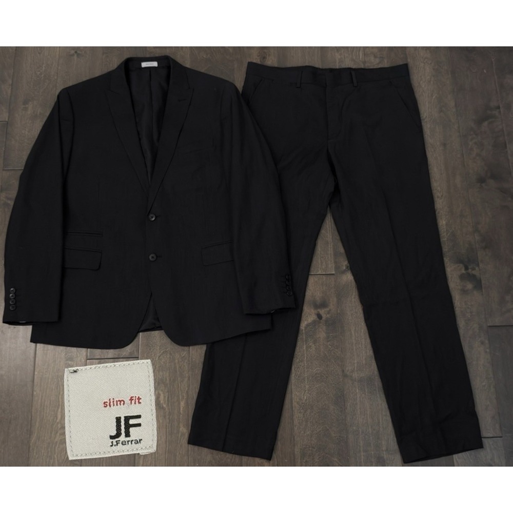 J.Ferrar Mens Slim Fit 2pc Black 2-Button Suit Jacket Blazer Size 46R Pant 36X32